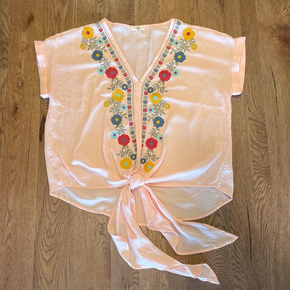 Floral Embroidered Tie Top in Pink